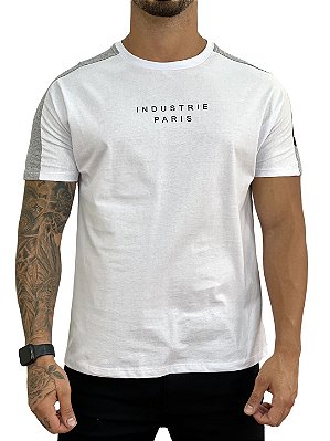Camiseta Masculina Branca Escritas Com Recorte Cinza [