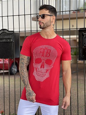 Camiseta Longline Masculina Vermelha Skull Pinos*