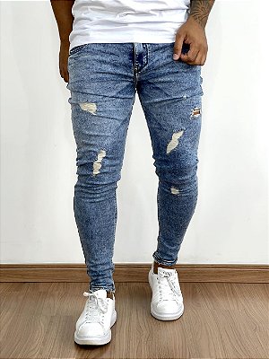 Calça Jeans Masculina Super Skinny Média Marmorizada Destroyed*