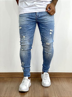 Calça Jeans Masculina Super Skinny Média Destroyed Com Respingo*