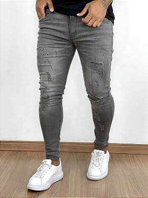 Calça Jeans Masculina Super Skinny Cinza Destroyed Com Respingo *