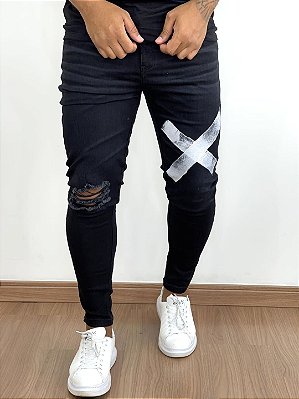 Calça Jeans Masculina Super Skinny Preta X e Escritas Laterais