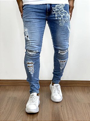 Calça Jeans MAsculina Super Skinny Média Com Caveira Estampada*