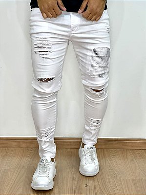 Calça Sarja Masculina Super Skinny Branca Destroyed Forro Com Pedraria*