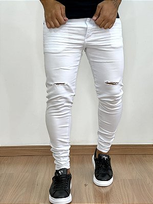 Calça Sarja Masculina Super Skinny Branca Rasgo Alto*