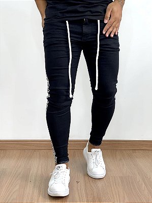 Calça Jeans Masculina Super Skinny Preta Escritas Lateral e Cordão*