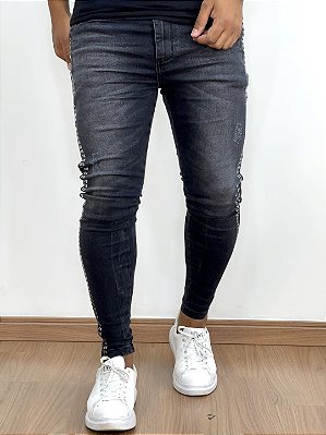 Calça Jeans Masculina Super Skinny Preta Lavada Com Strass Lateral*