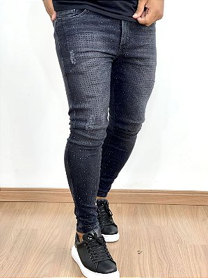 Calça Jeans Masculina Super Skinny Preta Lavada Com Strass*