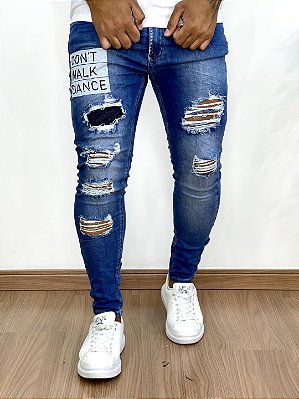 Calça Jeans Masculina Super Skinny Escura Forro e Escritas