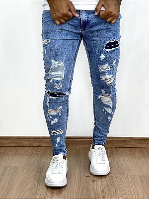Calça Jeans Masculina Super Skinny Média Destroyed Com Forro