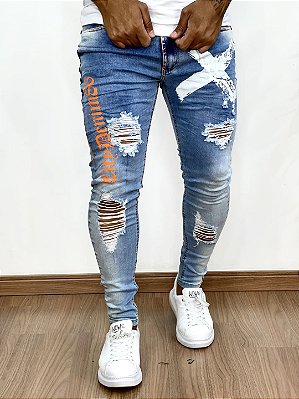 Calça Jeans Masculina Super Skinny Média Com  Escritas e X +