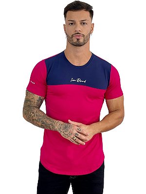 Camiseta Longline Masculina Pink Recorte Azul Marinho Brand @