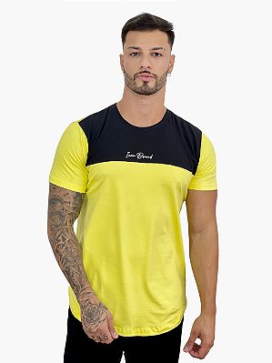 Camiseta Longline Masculina Amarela Recorte Preto Brand @