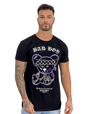 Camiseta Longline Masculina Preta Urso Bad Boy