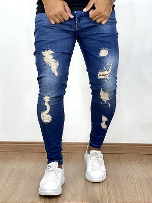 Calça Jeans Masculina Super Skinny Escura Destroyed Classica*