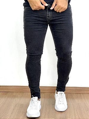 Calça Jeans Masculina Super Skinny Preta Lavada Sem Rasgo Zíper Na Barra*