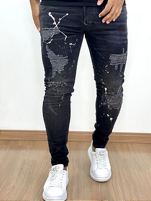 Calça Jeans Masculina Super Skinny Black Estonado Respingos