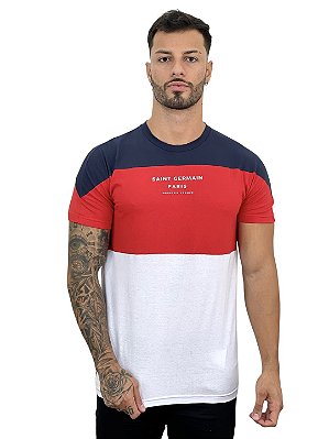 Camiseta Longline Masculina Azul Marinho Recorte Verm Saint Germain#