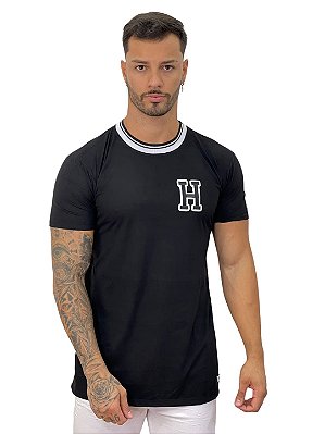 Camiseta Longline Masculina Preta Logo H College Lateral