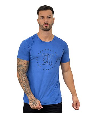 Camiseta Longline Masculina Suede Azul Logo H College