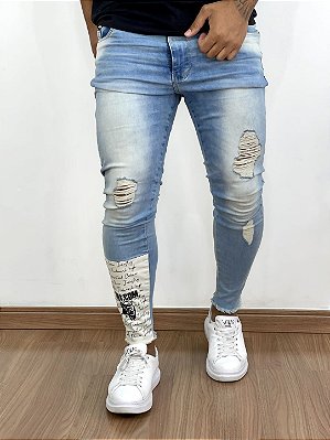 Calça Jeans Masculina Super Skinny Média Destroyed Escritas Na Barra