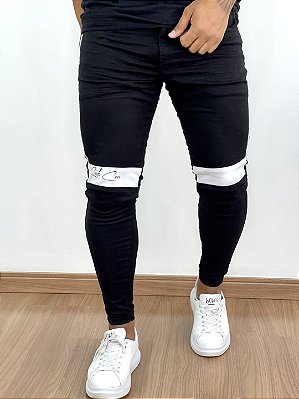 Calça Jeans Masculina Super Skinny Preta Faixa Branca Joelho