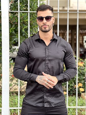 Camisa Masculina Manga Longa Acetinada Preta Básica