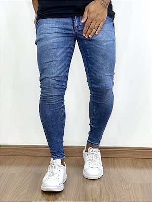 Calça Jeans Masculina Super Skinny Escura Básica Bolso Faca