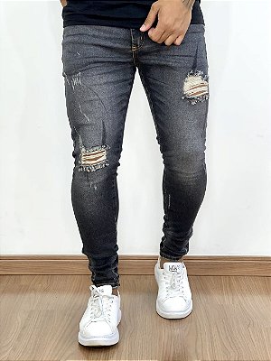 Calça Jeans Masculina Super Skinny Lavagem Escura Destroyed