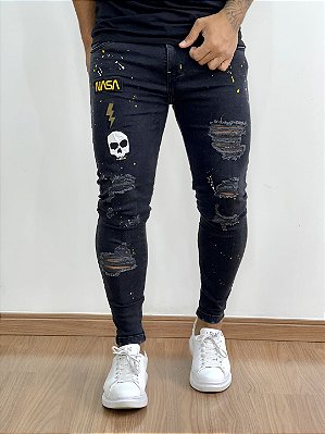 Calça Jeans Masculina Super Skinny Preta Lavada Destroyed Respingo
