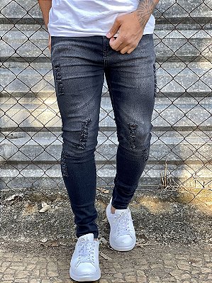 Calça Jeans Masculina Super Skinny Preta Lavada Destroyed Premium V2