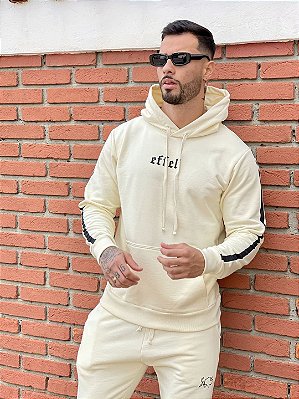 Conjunto Moletom Masculino Creme Escritas Faixas Lateral