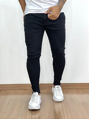 Calça Sarja Masculina Super Skinny Preta Básica Sem Rasgo