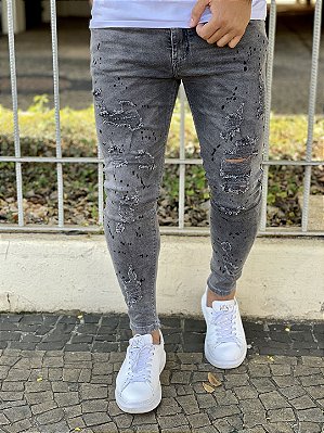 Calça Jeans Masculina Super Skinny Cinza Destroyed Respingo Pto