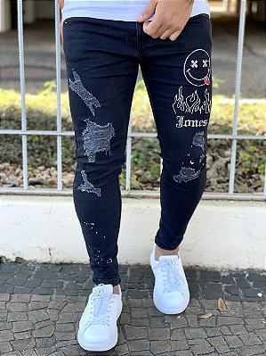 Calça Jeans Masculina Super Skinny Preta Smile Patch Bordado