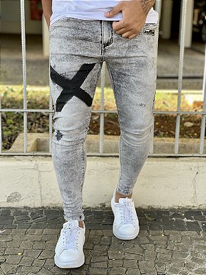 Calça Jeans Masculina Super Skinny Cinza Destroyed X