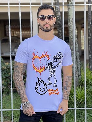 Camiseta Longline Masculina Branca Skull Fire