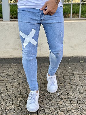 Calça Jeans Masculina Super Skinny Clara Puídos Com X