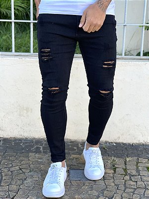Calça Jeans Masculina Super Skinny Preta Destroed Total