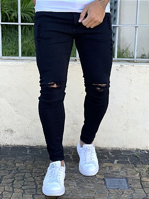 Calça Jeans Masculina Super Skinny Preta Destroyed Rasgo No Joelho