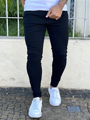 Calça Jeans Masculina Super Skinny Preta Básica Sem Rasgo