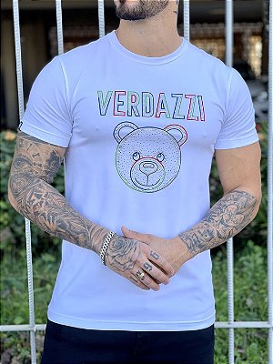 Camiseta Longline Masculina Branca Urso Neon Strass
