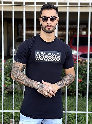 Camiseta Longline Masculina Preta Box Emborrachado Street