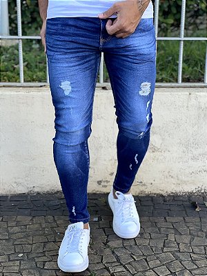 Calça Jeans Masculina Super Skinny Escura Destroyed