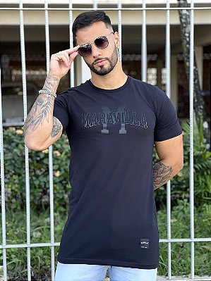 Camiseta Longline Masculina Preta Escritas College Full Black