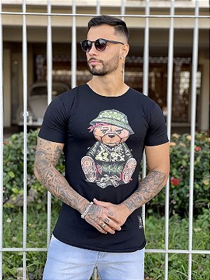 Camiseta Longline Masculina Preta Urso Chapéu #