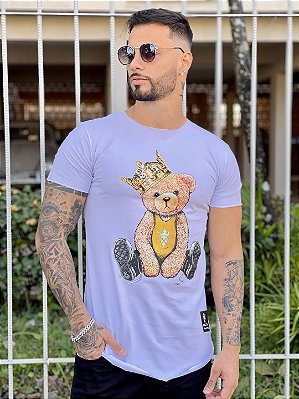 Camiseta Longline Masculina Branca Urso Rei #