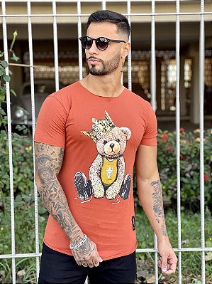 Camiseta Longline Masculina Laranja Urso Rei #