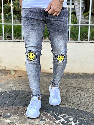 Calça Jeans Masculina Super Skinny Escura Patch Smile Destroyed