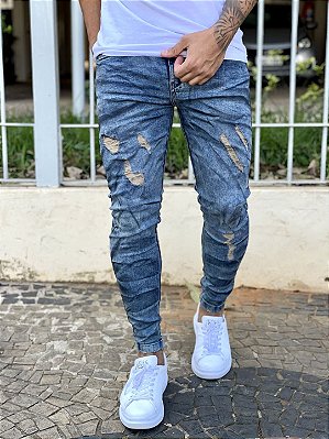 Calça Jeans Masculina Super Skinny Escura Destroyed Manchas Exclusiva